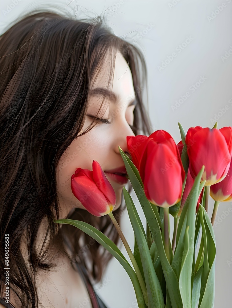 beautiful brunette girl smelling red tulips on white background, young woman portrait with red flowers, happy womens day concept beautiful brunette girl smelling red tulips on white background, young woman portrait with red flowers, happy womens day concept