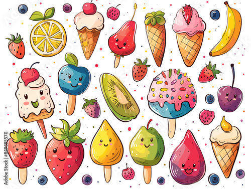 A colorful image of various fruits and ice cream, with a cartoonish style. Scene is playful and fun, with the fruits and ice cream being drawn in a whimsical way