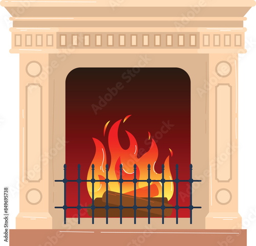 Cozy fireplace glowing hearth warm wooden logs ornate mantel rustic living room ambiance elemental warmth. Decorative stone frame traditional setting classic home design inviting comforting blaze