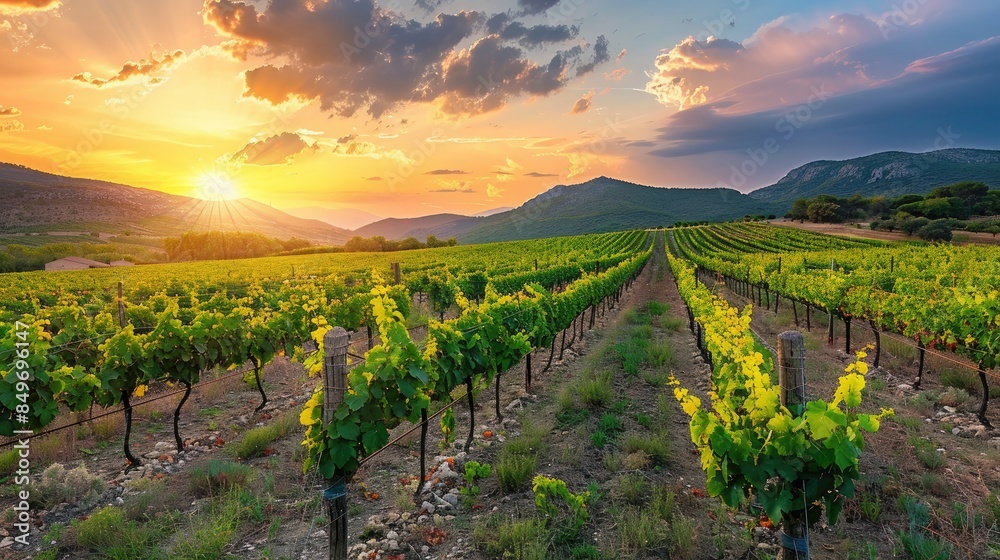 Obraz premium Vineyards in the Southern French region of Languedoc during a summer evening