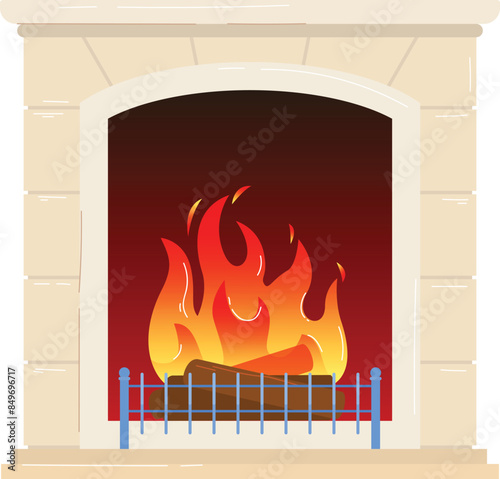 Warm cozy fireplace roaring flames. Stone fireplace mantel burning firewood logs. Isolated white background. Homely fireplace, crackling fire emitting warmth. Beige stone surround, metal guard rail