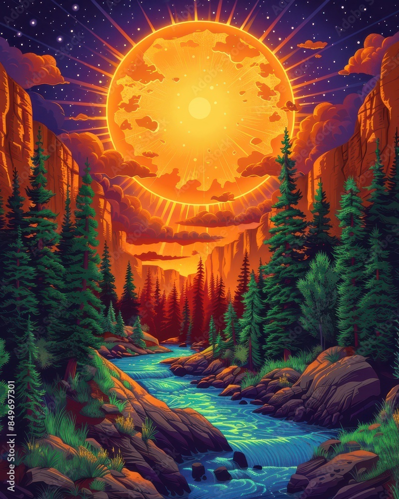 Obraz premium Vibrant Fantasy Landscape with Majestic Sun over Mountains, Dense Forest, and Serene River Under a Starry Twilight Sky