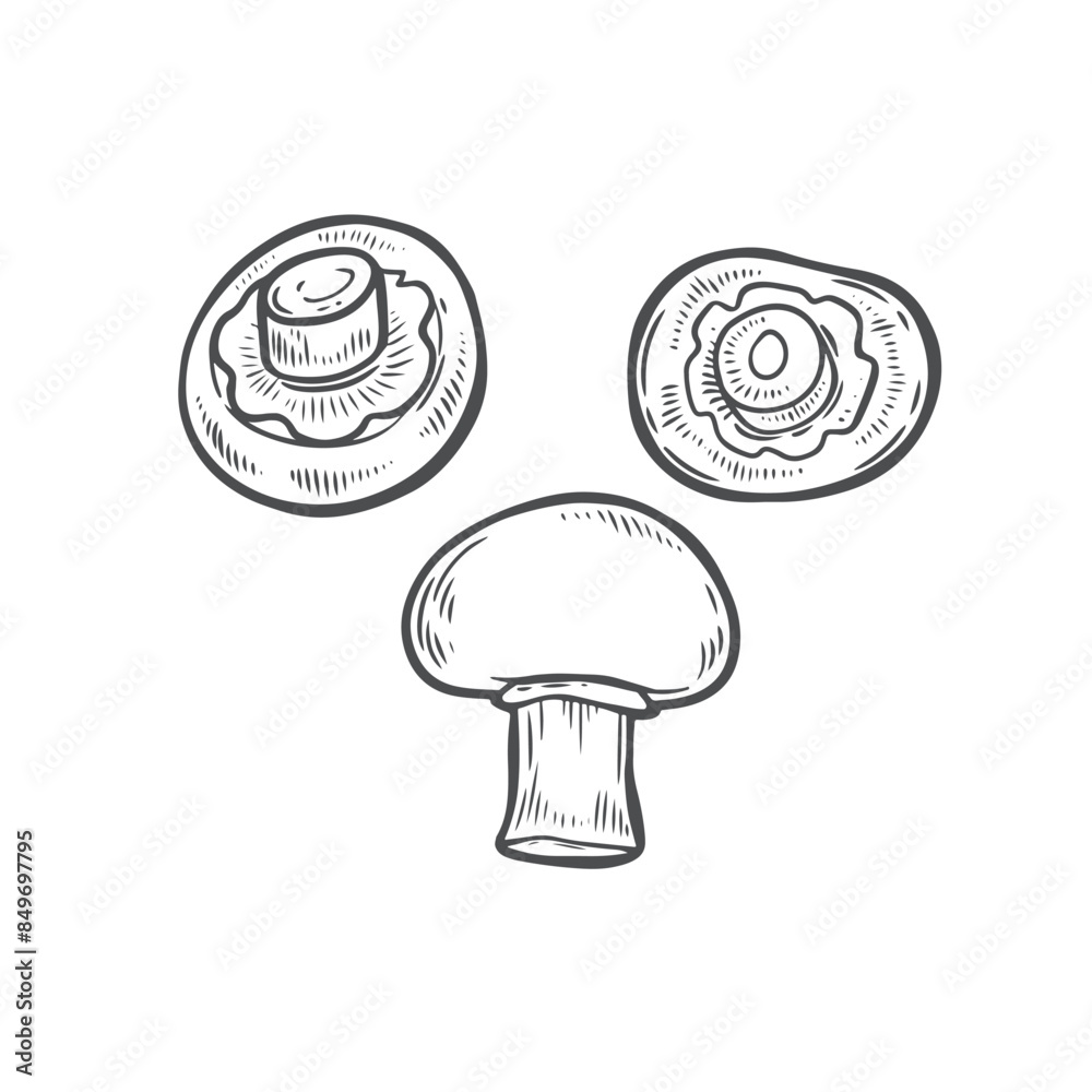 Three champignon mushrooms line drawing vector illustration.