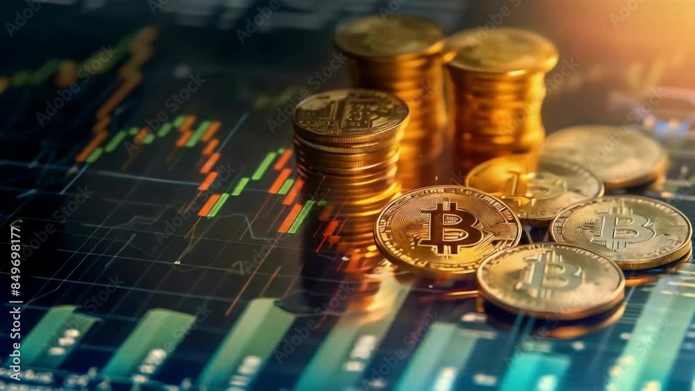 Golden bitcoin on the background of the financial chart. Futuristic of virtual currency, internet trade, and global investment. Concept of risk and success in crypto market.
