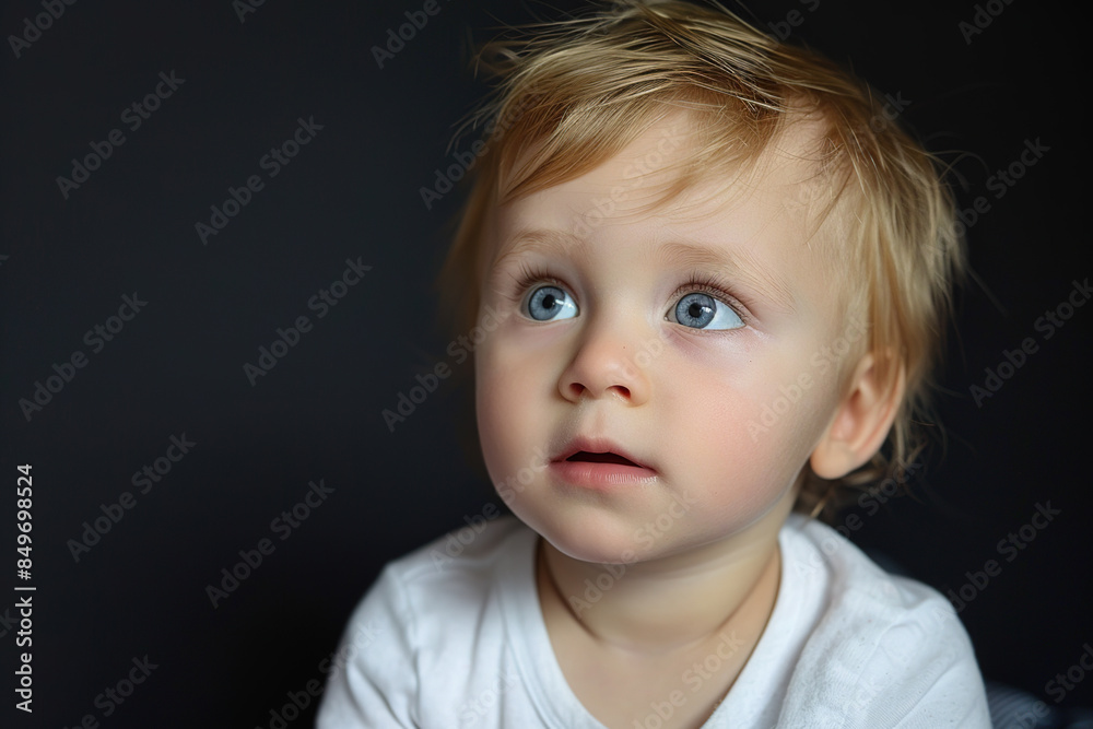 White Caucasian Little boy Beautiful Hair Isolated black Background Child Smiling, looking up, model kid, eys ears, lips, white shirt White Caucasian Little boy Beautiful Hair Isolated black Background Child Smiling, looking up, model kid, eys ears, lips, white shirt