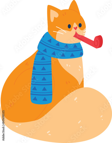 Orange cat wearing blue scarf triangular patterns blowing party horn, sitting isolated white background cartoon style playful expression