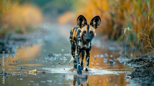 A wild African dog moving elegantly through shallow water, its reflection and ripples captivating