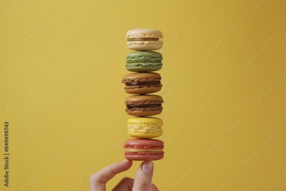 A hand holding a vertical stack of various colorful macarons against a yellow background. Colorful Macarons Stacked in Hand on Yellow A hand holding a vertical stack of various colorful macarons against a yellow background. Colorful Macarons Stacked in Hand on Yellow