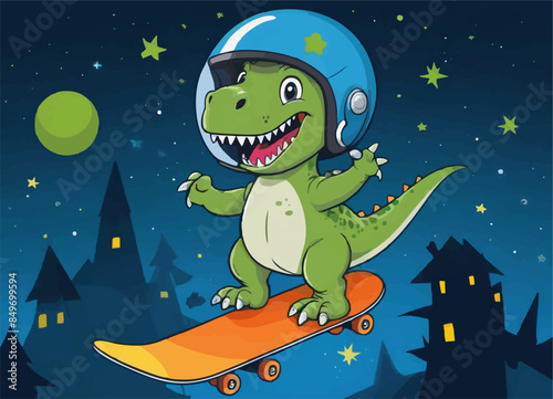 Vector fashion design for children t-shirt. Cartoon green cute baby dinosaur on skateboard 
flies over night city in sky with star and moon. 
Pattern for textile, fabric, paper, clothing for boy.