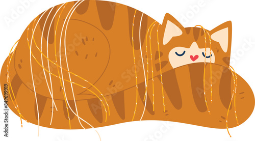 Sleeping cat illustration wrapped yarn strands, eyes closed, orange yellow tones, isolated white background