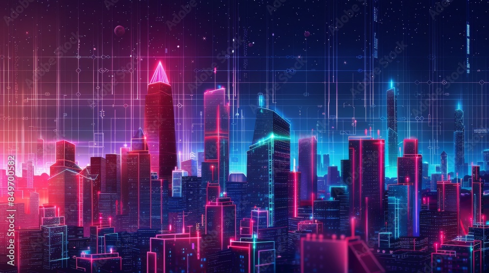 An electrifying digital artwork of a neon-lit futuristic cityscape under a night sky with data-driven elements An electrifying digital artwork of a neon-lit futuristic cityscape under a night sky with data-driven elements