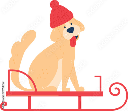 Golden retriever puppy wearing red beanie seated sled winter illustration. Cute dog sitting sledding enjoyment cold season isolated white background. Adorable playful canine winter sports festive