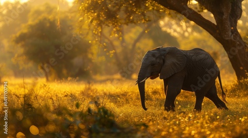 An African elephant strolls in the savanna during sunset, creating a warm and serene scene photo