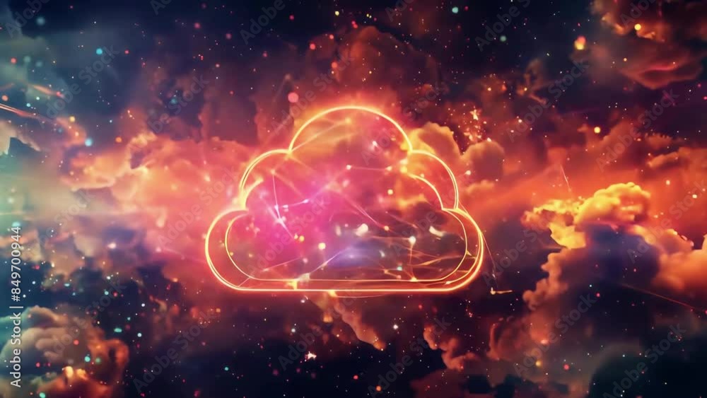 Cloud computing. Polygonal in outer space. Abstract connection shape, modern technology. Futuristic glowing innovation, color data science. Computer graphic business communication.