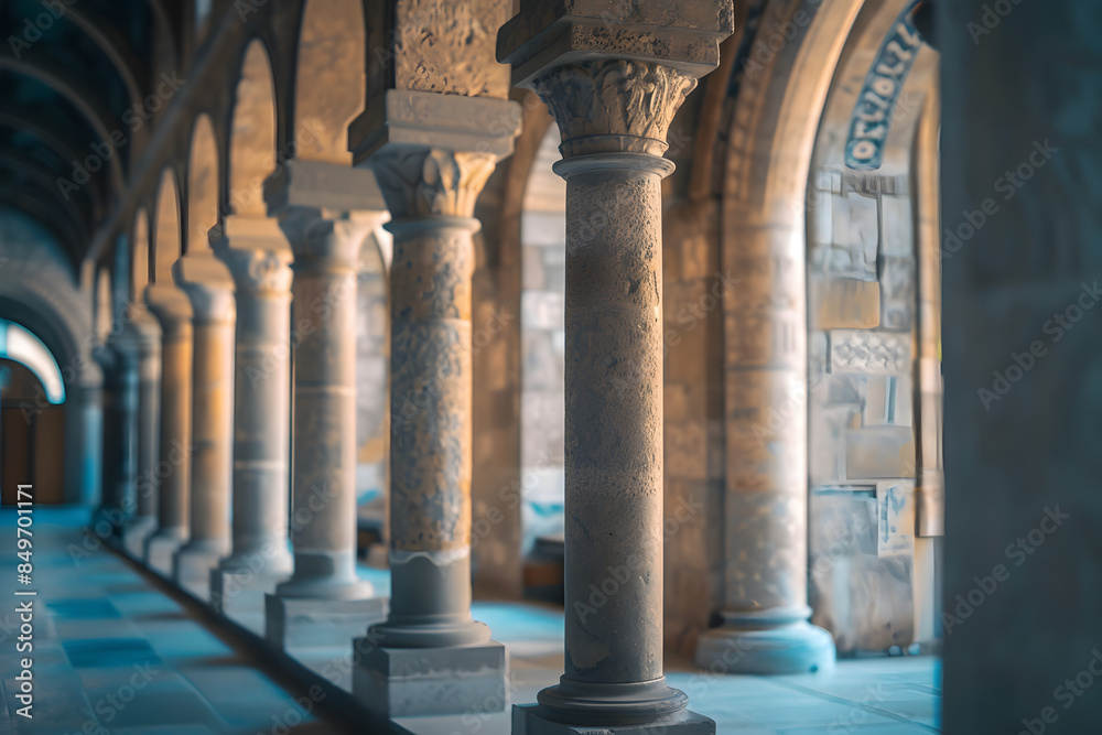Obraz premium Architectural Detail of Ornate Stone Columns in Historic Italian Church Cloister, Treviso Italy