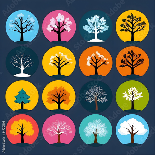 set of trees icons isolated on black background, different trees types, four seasons 