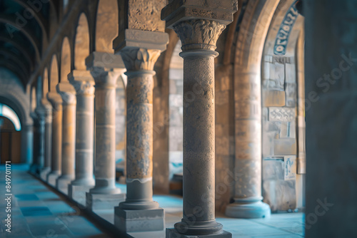 Architectural Detail of Ornate Stone Columns in Historic Italian Church Cloister, Treviso Italy © HNXS Digital Art