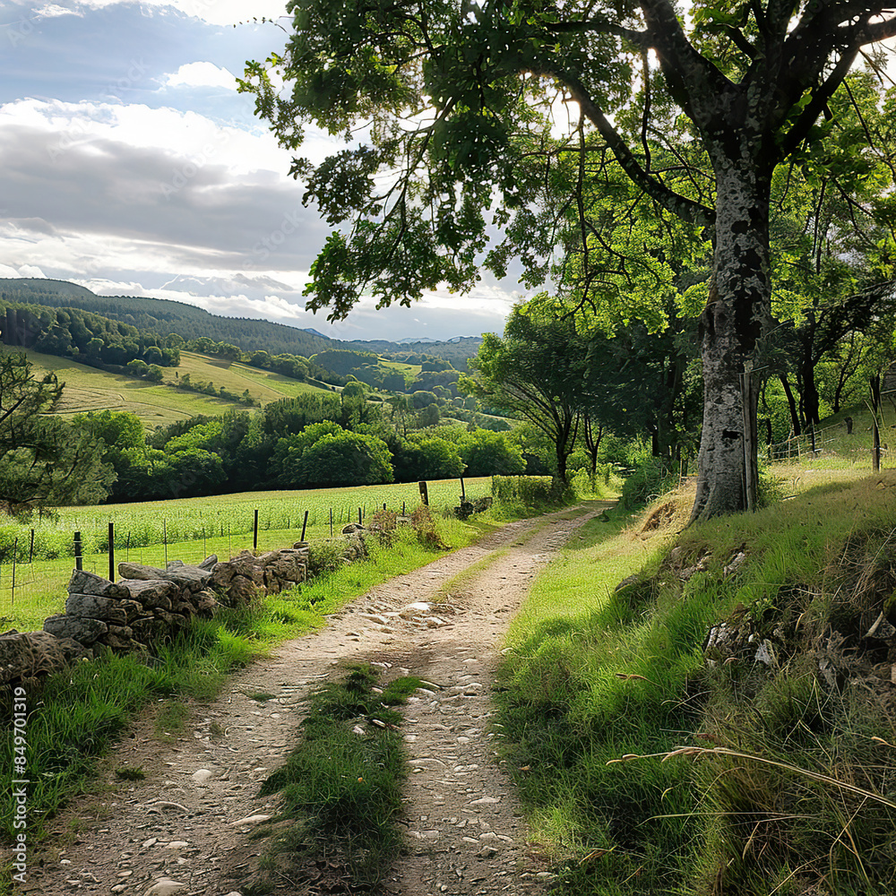 The sunny dirt road winds through fields Generated by AI The sunny dirt road winds through fields Generated by AI