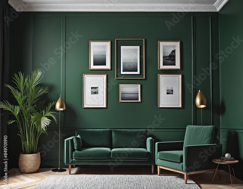 modern living room design with sofas and pictures on wall, green design