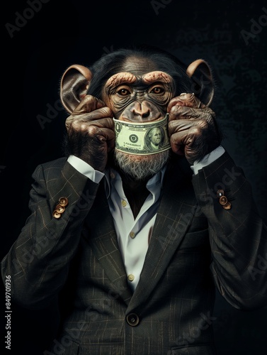 Monkey closes his mouth, three wise monkeys concept