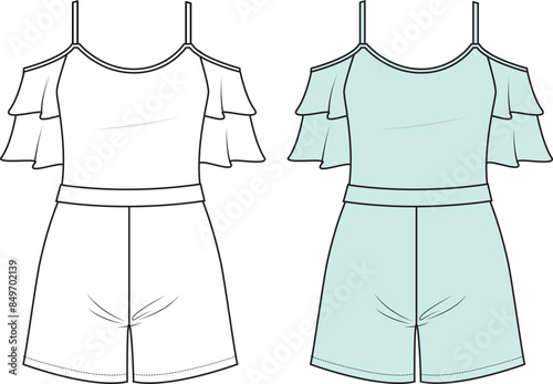 Women's Double Frill Sleeve, Cold Shoulder Playsuit. Technical fashion illustration. Front, white and mint colour. Women's CAD mock-up.