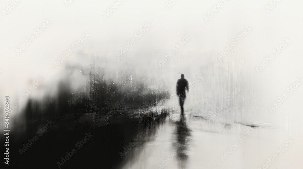 Blurred silhouette of a man walking along the street in the fog. Digital painting in black and white. Blurred silhouette of a man walking along the street in the fog. Digital painting in black and white.
