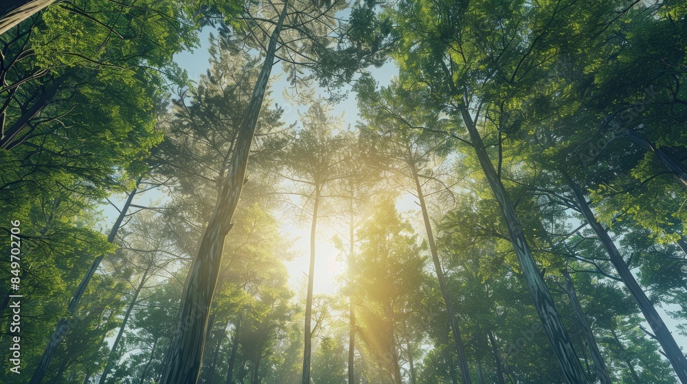 Obraz premium Morning view of tropical forest with pine trees from a low angle
