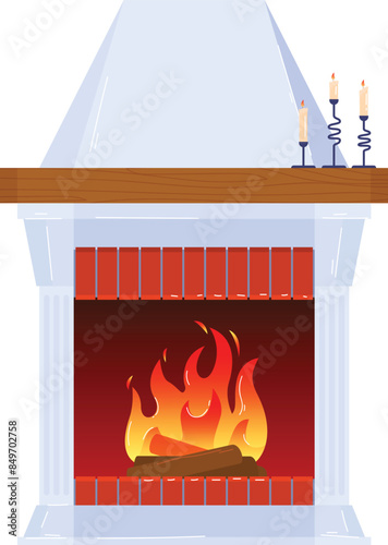 Cozy fireplace vector illustration, warm fire burning. Classic elegant home decor mantlepiece. Candles lit atop traditional fireplace graphic