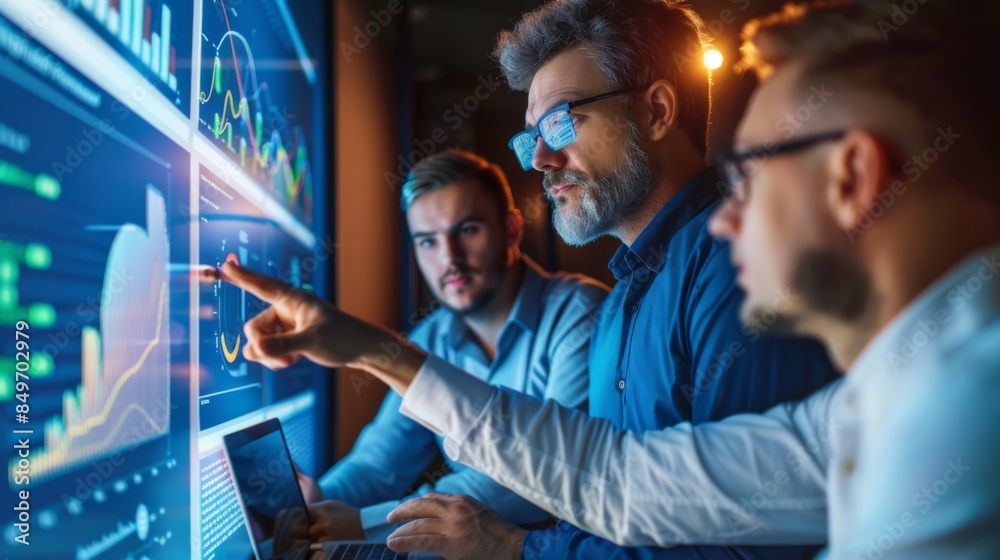 A group of men are intently analyzing financial data across multiple computer screens in a dark office environment A group of men are intently analyzing financial data across multiple computer screens in a dark office environment