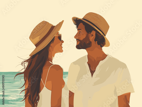 vector illustration of a couple in love, a man and a woman on the background of the ocean