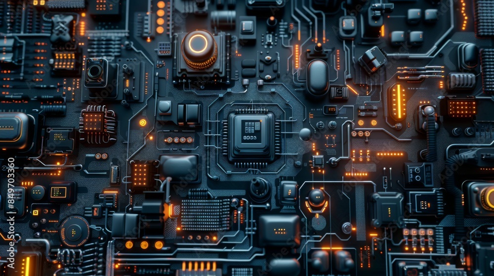 Intricate design of an electronic circuit board with a multitude of components Intricate design of an electronic circuit board with a multitude of components