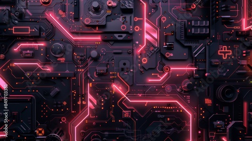 Detailed image showcasing an intricate electronic motherboard with red neon lighting detailing the components