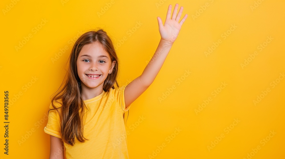 Portrait of her she nice-looking cute attractive lovely pretty cheerful cheery positive pre-teen girl waving hi hello greetings I'm here isolated over bright vivid shine yellow background