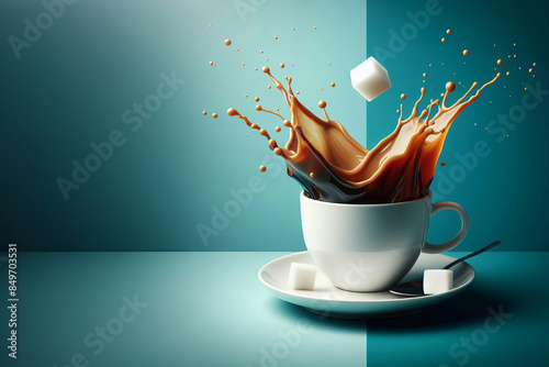 White coffee cup on saucer with dynamic coffee splash, sugar cube caught in mid-air. Another sugar cube to the left. photo