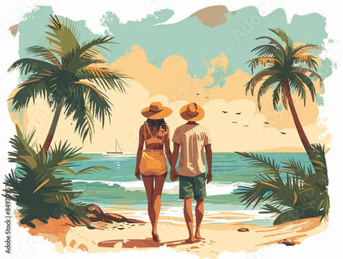 couple on vacation man and woman walking along the beach vector colorful illustration