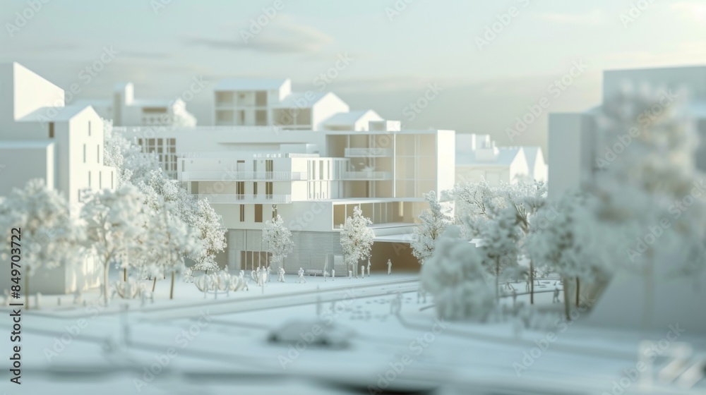 Obraz premium This image shows a 3D rendered model of a section of a city with buildings, highlighting potential urban planning