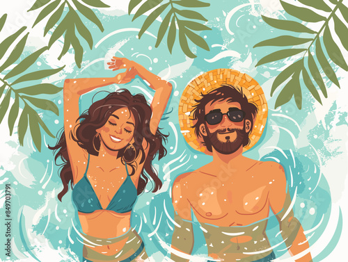man and woman swimming in the ocean summer vector illustration