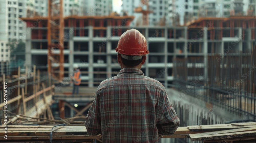 Worker in safety helmet looking over a construction site with ongoing buildings Worker in safety helmet looking over a construction site with ongoing buildings