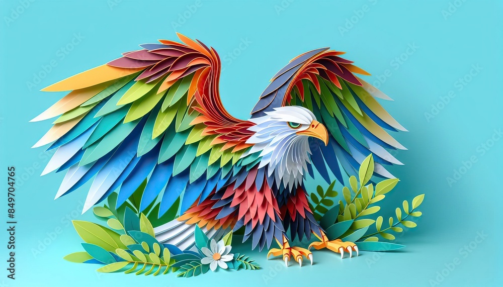 Fototapeta premium Brightly colored eagle with outspread wings in abstract vibrant style
