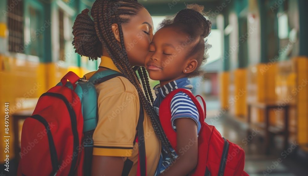 Obraz premium Mother kissing her child's forehead lovingly before the child goes to school