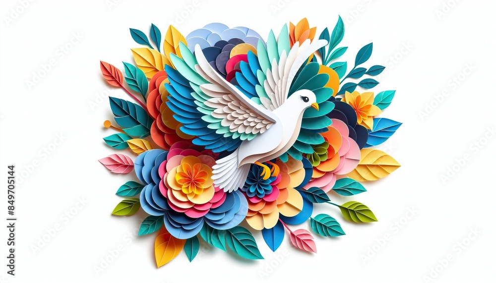 Obraz premium Peace dove surrounded by a burst of colorful flowers in a circular pattern