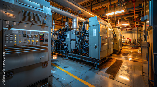 Industrial generator room with standby diesel generators for power backup and low voltage switchgear equipment in factory power plant