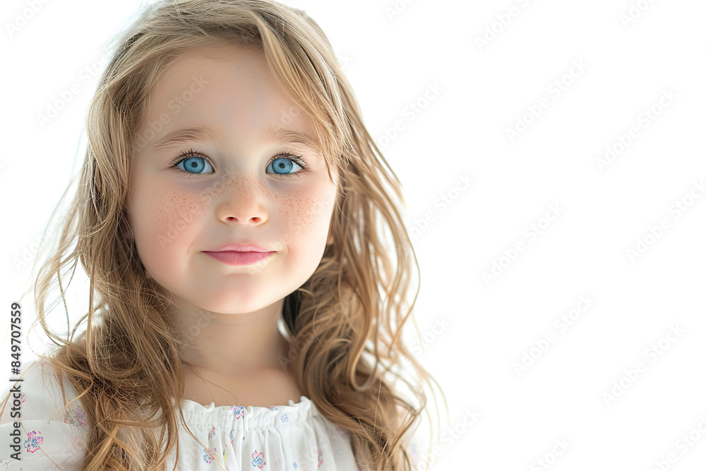 White Caucasian Little Girl Beautiful Hair Isolated white Background Child Smiling White Caucasian Little Girl Beautiful Hair Isolated white Background Child Smiling