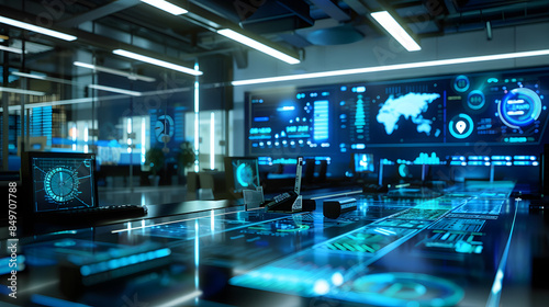 Wallpaper Mural High-tech business intelligence office with multiple digital screens and holographic interfaces showcasing global data and analytics, modern corporate environment Torontodigital.ca