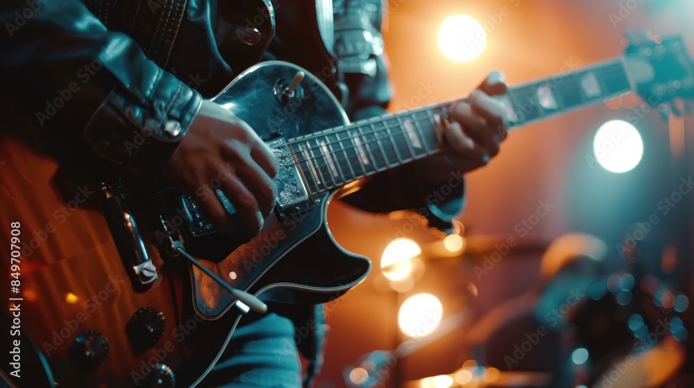 Obraz premium Concert in a Night Club. Five String Bass Guitar Played by a Musician. Concert in front of Bright Colorful Strobing Lights