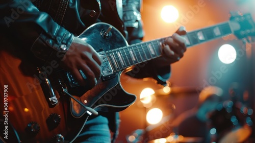 Concert in a Night Club. Five String Bass Guitar Played by a Musician. Concert in front of Bright Colorful Strobing Lights