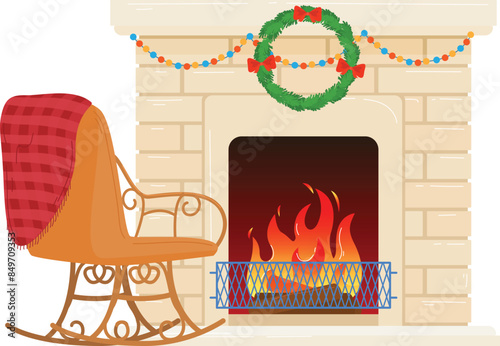 Cozy fireplace festive Christmas decoration rocking chair blanket warm atmosphere. Holiday home interior relax comfort fire garland wreath. Winter scene snug rock chair hearth flame celebration