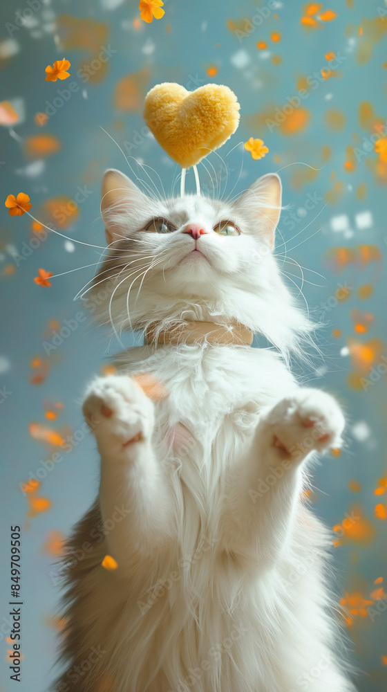 A real cat photo, a neat background, a nice cat standing with open arms like a human, a full-body photo staring straight ahead, a headband with a large yellow heart model, 