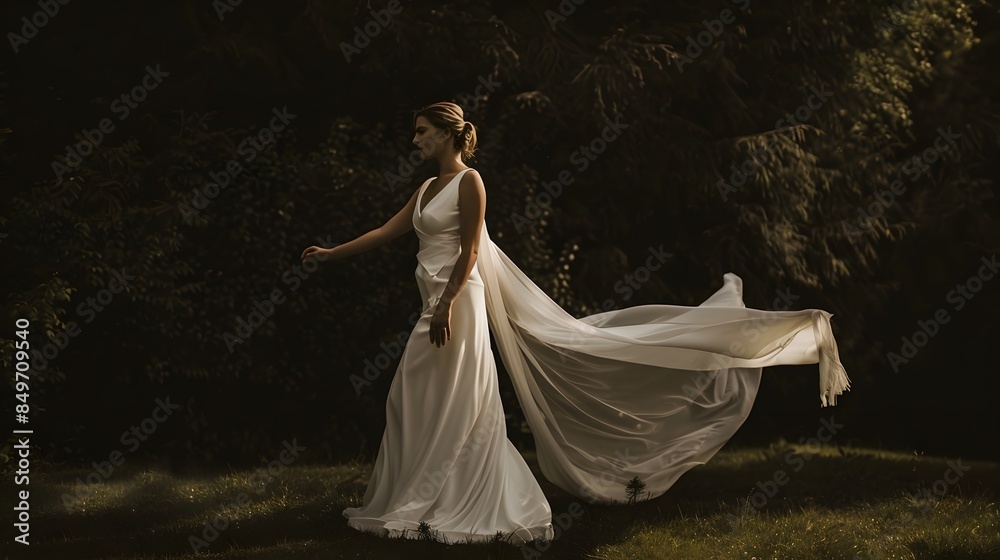 Elegant bride in white wedding dress, walking gracefully through a serene, dimly-lit garden Elegant bride in white wedding dress, walking gracefully through a serene, dimly-lit garden