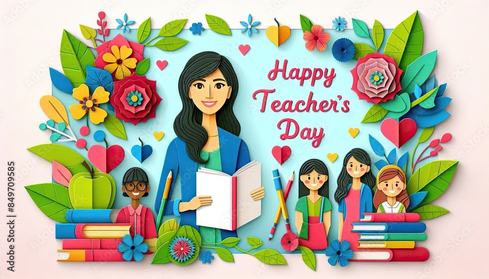 Happy Teacher's Day with a female teacher and students surrounded by school supplies flowers celebration Happy Teacher's Day with a female teacher and students surrounded by school supplies flowers celebration